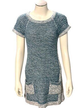 Blue White Large Knit Raglan Sweater Dress Short Sleeve Two Tone Pockets Casual